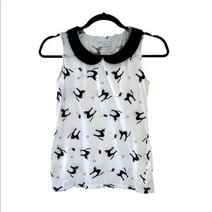 Uniqlo Lulu Guinness white cotton cat print peter pan collar sleeveless top